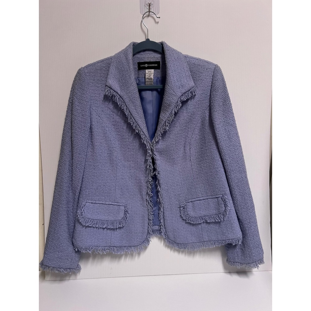 Sag Harbor Lavender Tweed Fringed Blazer Open Front Jacket Size 10